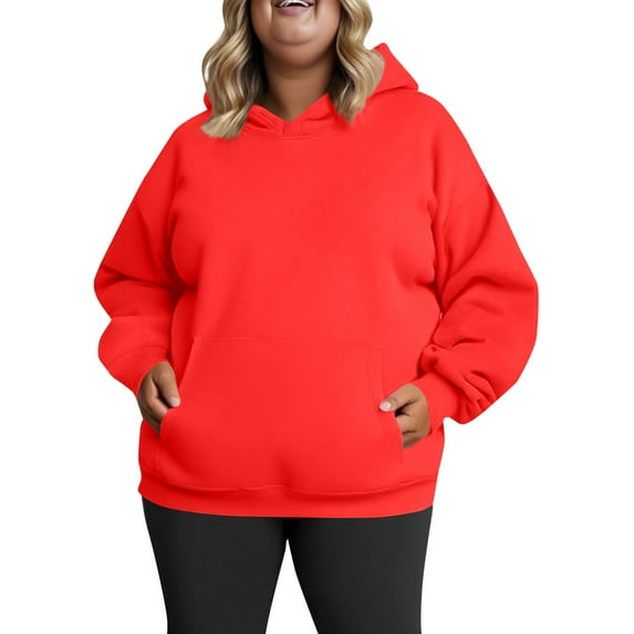 Ladies’ Oversized Hooded Sweatshirt Plus Size Casual Pullover with Pocket Cozy Long Sleeve Solid Color Hoodie for Fall Winter Daily Wear Red