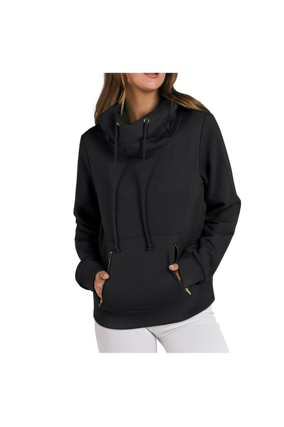 Ladies Oversized Hoodie Pocket Plain Pullover Drawstring High Neck Hooded Sweaters Long Sleeve Fleece Sweatshirts (L, Black)