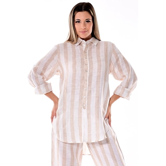 Ladies Oversized Long Sleeve 100% Linen Shirt in Stripes