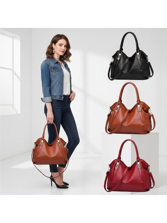 Ladies PU Leather Handbag Tote—Women Lightweight Satchel Purse, 14.2"×5.9"×10.2", Multiple Interior Pockets, Secure Zip Closure, 6.7" Handle Drop, Detachable Adjustable Strap for Shoulder(Black)