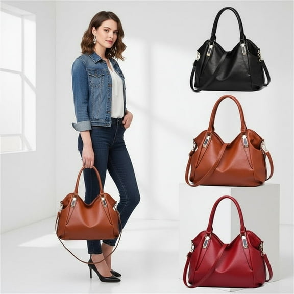 Ladies PU Leather Handbag Tote—Women Lightweight Satchel Purse, 14.2"×5.9"×10.2", Multiple Interior Pockets, Secure Zip Closure, 6.7" Handle Drop, Detachable Adjustable Strap for Shoulder(Black)