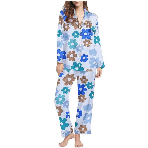 Ladies Pajama Set Floral Printed Long Sleeve Button Up Shirt with Full-Length Pjs Bottom Outfits 2 Piece (2XL, Blue)