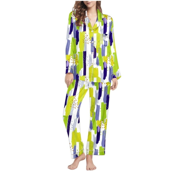 Ladies Pajama Set Floral Printed Long Sleeve Button Up Shirt with Full-Length Pjs Bottom Outfits 2 Piece (M, Green 02)