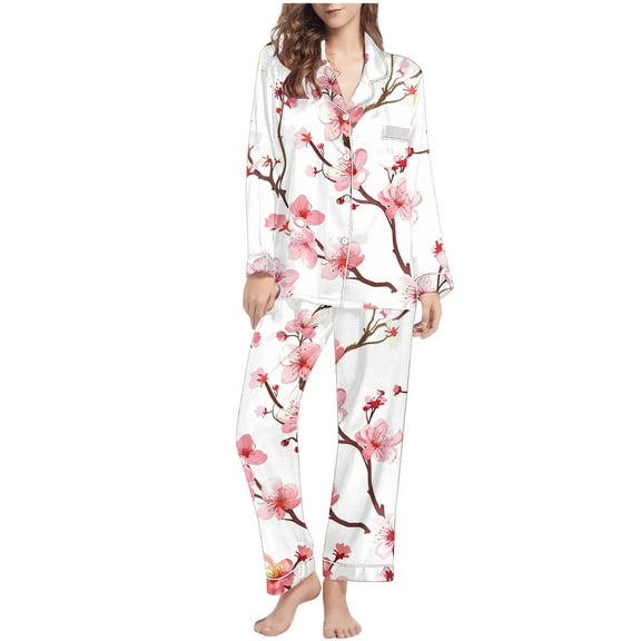 Ladies Pajama Set Floral Printed Long Sleeve Button Up Shirt with Full-Length Pjs Bottom Outfits 2 Piece (XL, White)