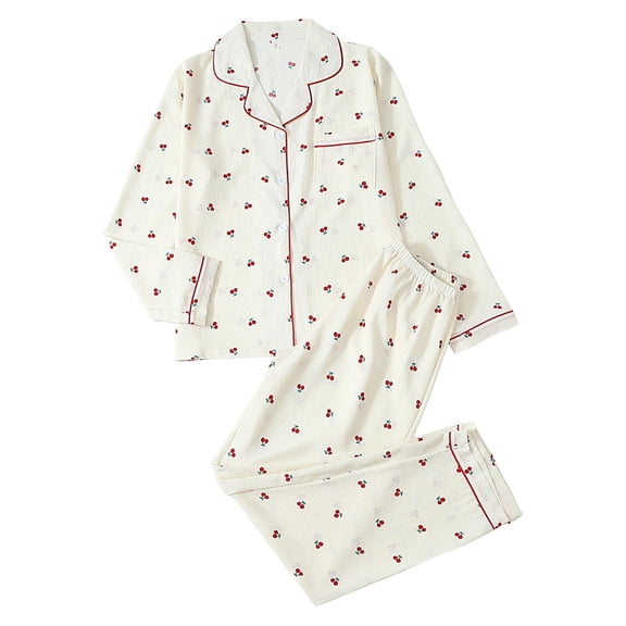 Ladies Pajamas 2 Piece Womens Sleepwear Long Sleeve Heart Print Button Down Pjs Set Womens Pj Set