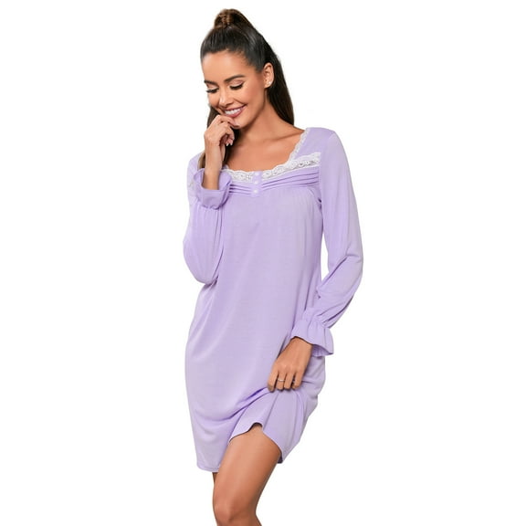 Ladies Pajamas Lace Square Neck Pleated Nightgown Puffy Sleeve Victorian Dress