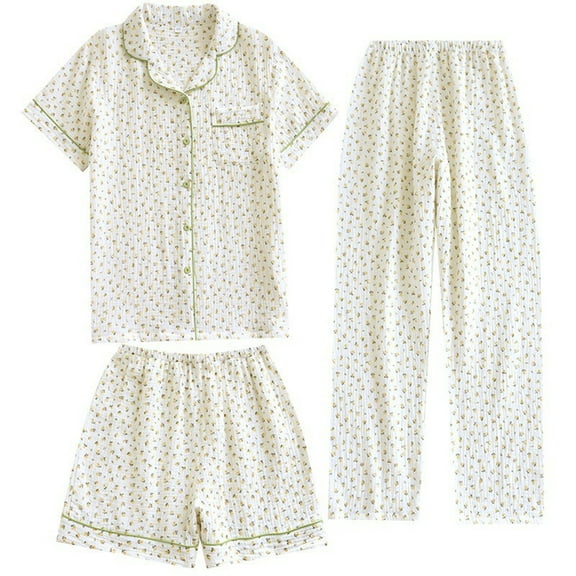 Ladies Pajamas Sets 3 Piece Loungewear Cotton Gauze Short Sleeve Top and Long Pants Sleepwear Green XL