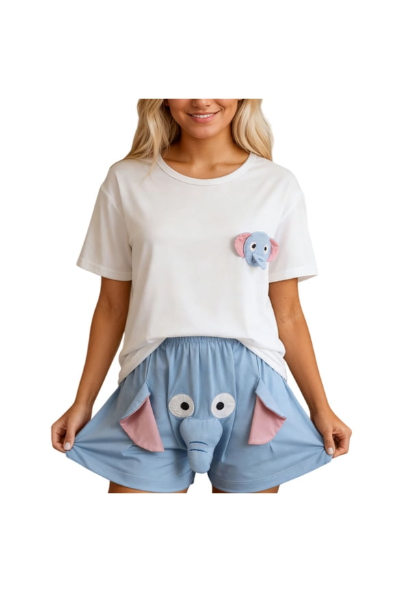 Ladies Pajamas Sets Matching Sleepwear Short Sleeve Tops with Elephant Shorts Outfit for Womens