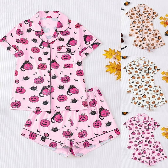 Ladies Pajamas Sets Pumpkin Halloween Pjs Sets Collar Short Sleeve Shorts Sleepwear Womens Pjs Sets Clearance Red XXL