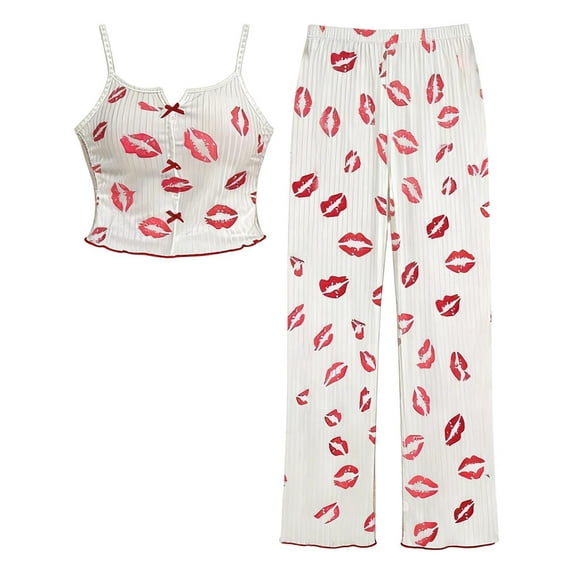 Ladies Pajamas Sets Satin Lace Trim Floral Print Mesh Patchwork Pants Sleepwear for Womens