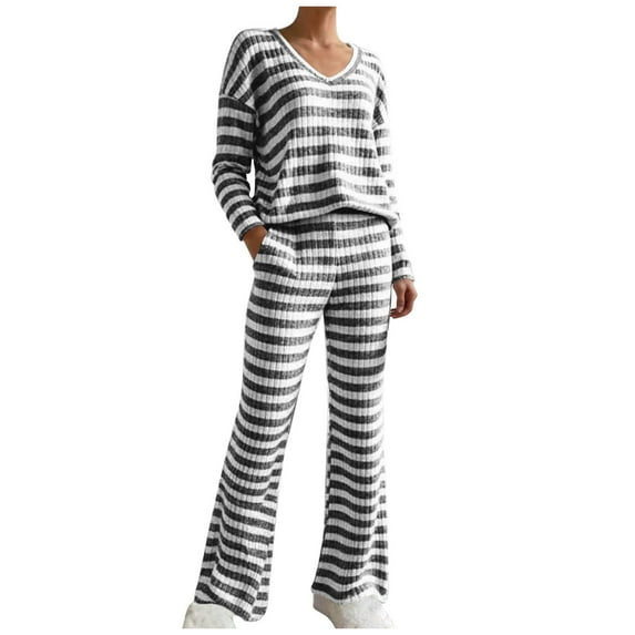 Ladies Pajamas Sets Sevevn Womens Casual Stripe V-Neck Long Sleeve Blouse Fashion Long Pants Pajamas Suit Sets