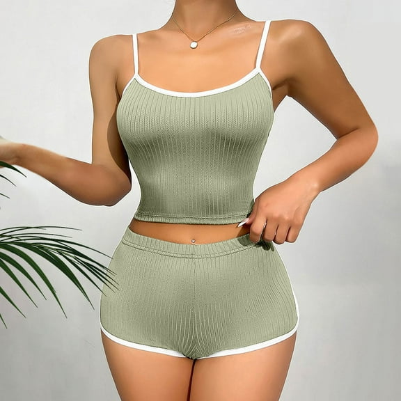 Ladies Pajamas Womens Pjs Sets Soft Pajamas for Women Fashion Women Round Neck Solid Color Sleeveless Camisole Elastic Waist Shorts Pajama Set