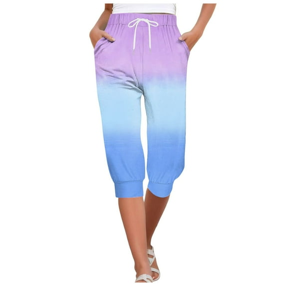 Ladies Pants 4Th of July Flag Independence Day Print Capris Pants Summer Bottom Drawstring Joggers High Waisted Pants for Women Light Blue XL