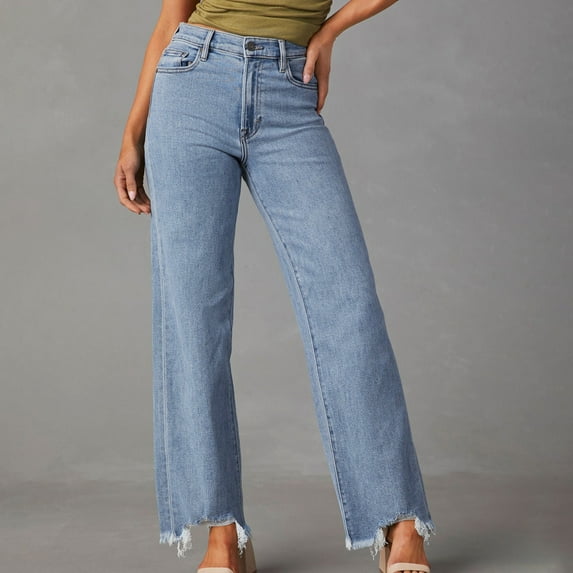 Ladies Pants Comfortable Soft Casual Jeans Fashionable Fringed Straight Denim Trousers Ladies Denim Olive Clothes for Women Size 20 Pants for Women Dress Leggings Women Woman Jean Pants Straight Women