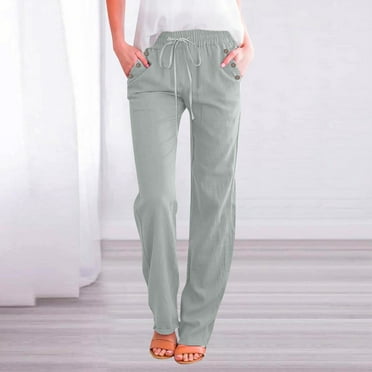 Ladies Pants │ Wide Leg Pants, Linen Pants for Women, Womens Slacks, Womens Cotton Linen Casual Pants Straight Leg Drawstring Elastic High Waist Loose Comfy Trousers with Pockets, Gray, S