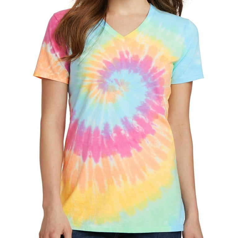Ladies Pastel Rainbow V-neck Tie Dye Tee Shirt Medium