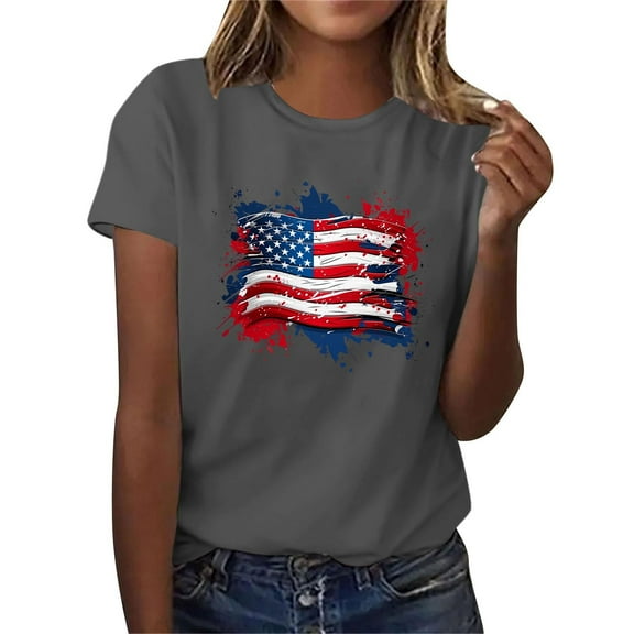 Ladies Patriotic Tee Shirts Women's Graphic T-Shirts 4th of July Tops Casual Graphic Tees Cute Summer T-Shirts Flag Printed Crew Neck Short Sleeve Patriotic Shirts New Gray S