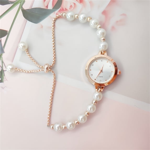 Ladies Pearl Bracelet Watch, Rose Gold Case with White Dial Watch for Women, Elegant Faux Pearl Strap Quartz Wristwatch for Women, Luxury Jewelry Watch Gifts for Womens