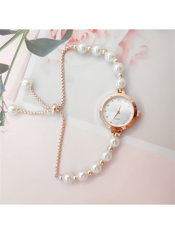 Ladies Pearl Bracelet Watch, Rose Gold Case with White Dial Watch for Women, Elegant Faux Pearl Strap Quartz Wristwatch for Women, Luxury Jewelry Watch Gifts for Womens