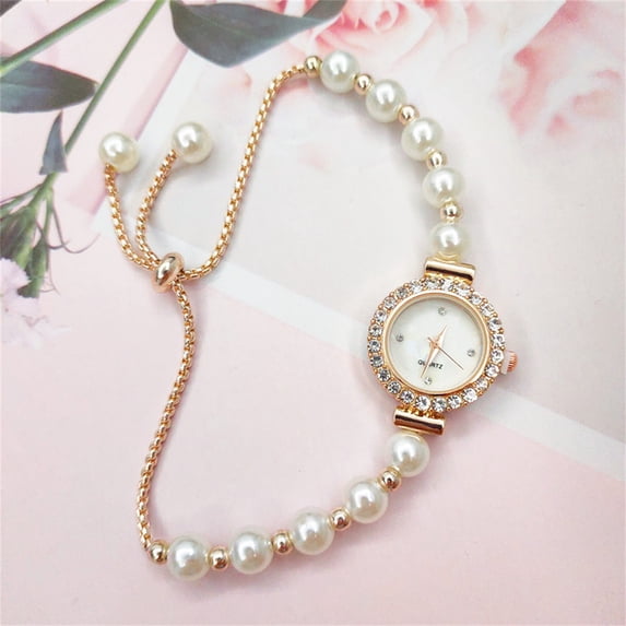 Ladies Pearl Bracelet Watch, Rose Gold Case with White Dial Watch for Women, Elegant Faux Pearl Strap Quartz Wristwatch for Women, Luxury Jewelry Watch Gifts for Womens