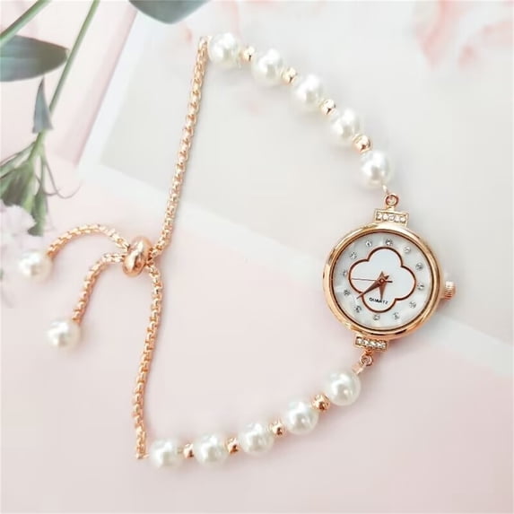 Ladies Pearl Bracelet Watch, Rose Gold Case with White Dial Watch for Women, Elegant Faux Pearl Strap Quartz Wristwatch for Women, Luxury Jewelry Watch Gifts for Womens