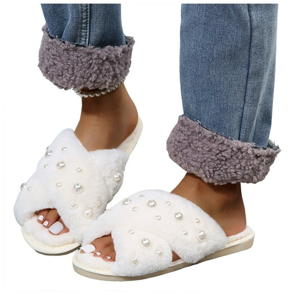 Ladies Pearl Slippers for Women Bride Wedding Fuzzy Open Toe Memory Foam House Shoes Comfy Warm Indoor Slip on