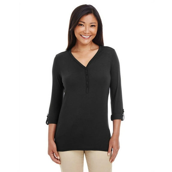 Ladies' Perfect Fit™ Y-Placket Convertible Sleeve Knit Top 2XL BLACK