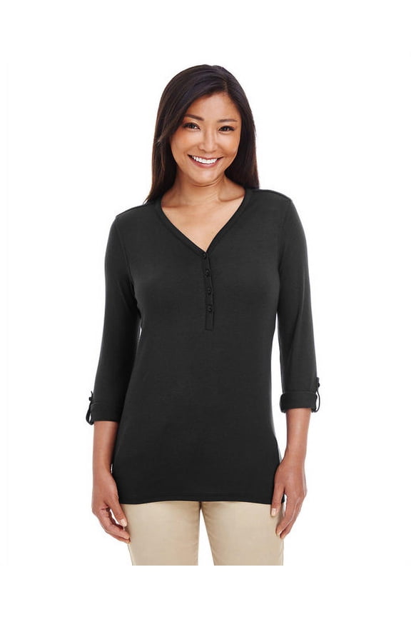 Ladies' Perfect Fit™ Y-Placket Convertible Sleeve Knit Top 2XL BLACK