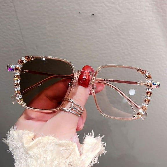 Ladies Photochromic Gray Blue Light Blocking Presbyopic Glasses, Oversized Bling Party Reading Glasses for Women, Brown Square Eyeglasses Frame (Photochromic Gray)