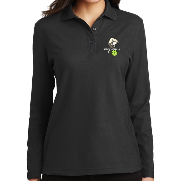 Ladies Pickleball Patch Moisture-Wicking Long Sleeve Polo Shirt, Extra Small Black