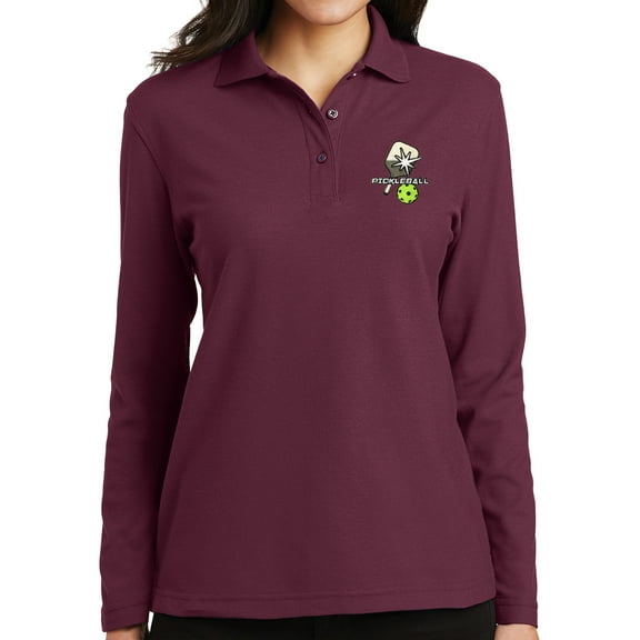 Ladies Pickleball Patch Moisture-Wicking Long Sleeve Polo Shirt, Large Burgundy