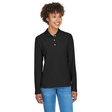 Ladies' Pima Piqué Long-Sleeve Polo - BLACK - 2XL