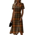 thumbnail image 1 of Ladies' Plaid Casual Fashionable Short Sleeved V-neck Dress Brown F L, 1 of 5