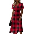 thumbnail image 1 of Ladies' Plaid Casual Fashionable Short Sleeved V-neck Dress Red E L, 1 of 5