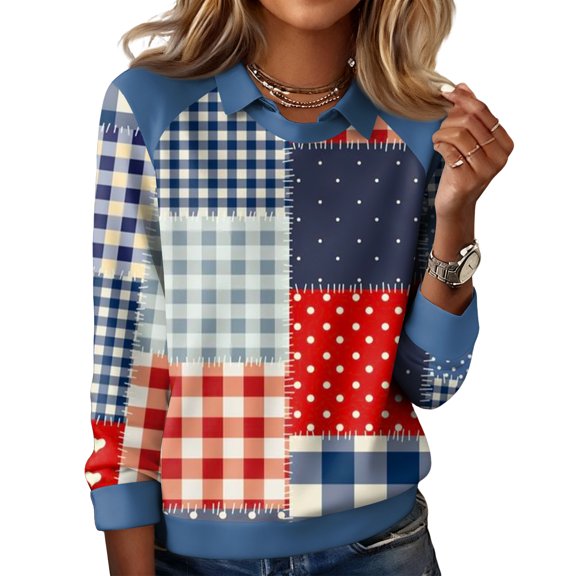 Ladies' Plaid Printed Casual Long Sleeved Sweatshirt Top with Colorful Plaid Design - Stylish and Comfortable Women's Casual Sweatshirt,Dark Blue,S