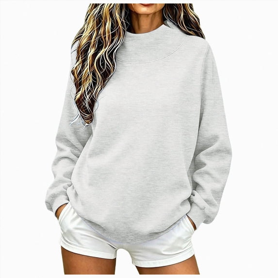 Ladies Plain Mock Neck Sweatshirt Long Sleeve Loose Soft Everyday Wear Solid Color Casual Jumper