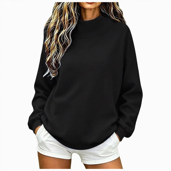 Ladies Plain Mock Neck Sweatshirt Long Sleeve Loose Soft Everyday Wear Solid Color Casual Jumper