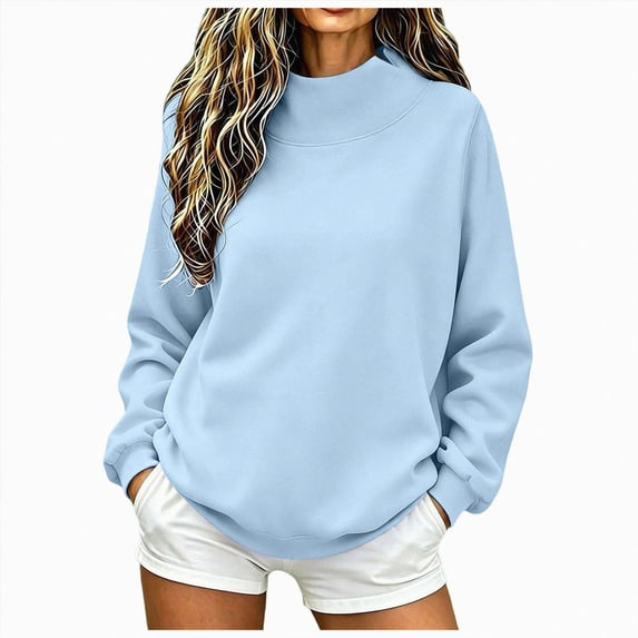 Ladies Plain Mock Neck Sweatshirt Long Sleeve Loose Soft Everyday Wear Solid Color Casual Jumper