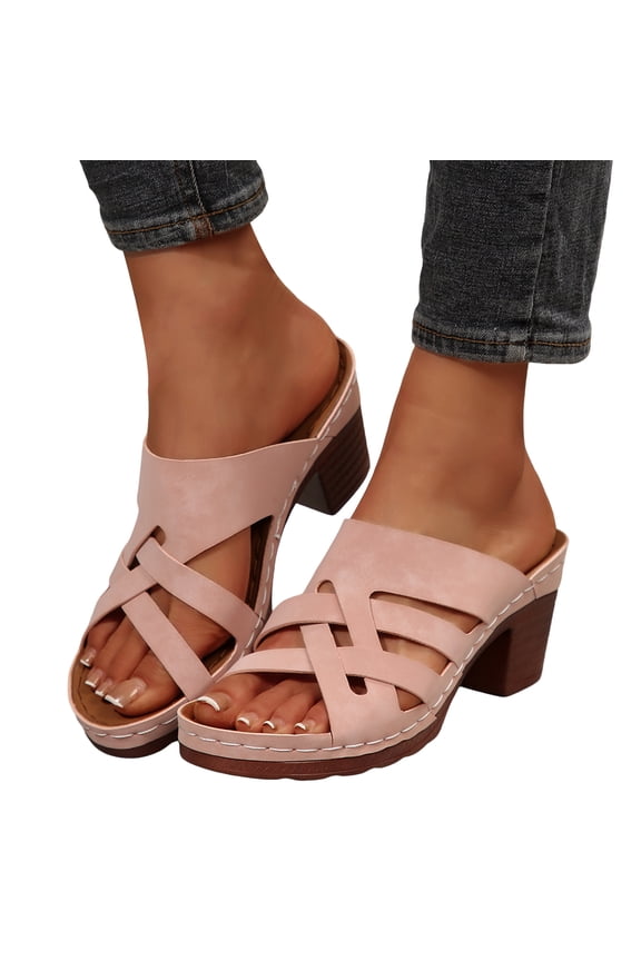 Ladies Platform High Heels Dressy Slides Sandals for Women 2025 Trendy Leather Chunky Stacked Pumps Slip on