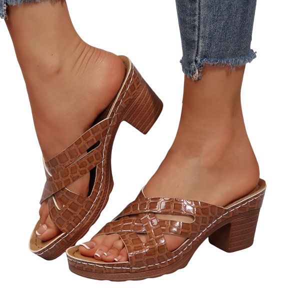 Ladies Platform High Heels Dressy Slides Sandals for Women 2025 Trendy Leather Chunky Stacked Pumps Slip on