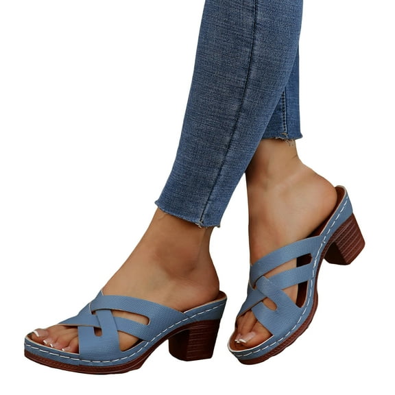 Ladies Platform High Heels Dressy Slides Sandals for Women 2025 Trendy Leather Chunky Stacked Pumps Slip on