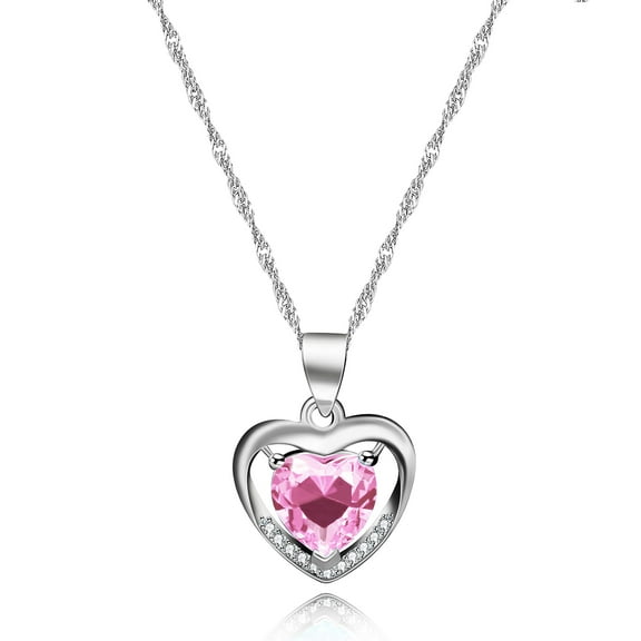 Ladies Platinum Plated Heart Shaped Cubic Zirconia Crystal Pendant Fashion Birthstone Necklace for Women Y890 (Pink)