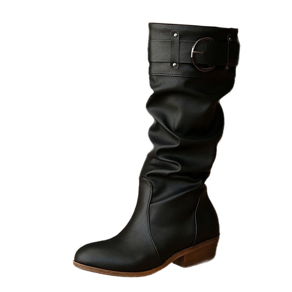 Ladies Pleated Belt Buckle Mid Heel Long Boots, Vintage Casual Footwear Us Size 5.5