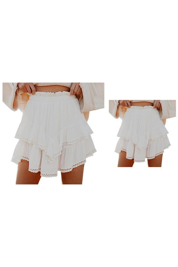 Ladies Pleated Layered High Waist Mini Skirt, Flowy Boho Ruffle Tiered Skorts for Women, Casual Golf Tennis Crochet Shorts