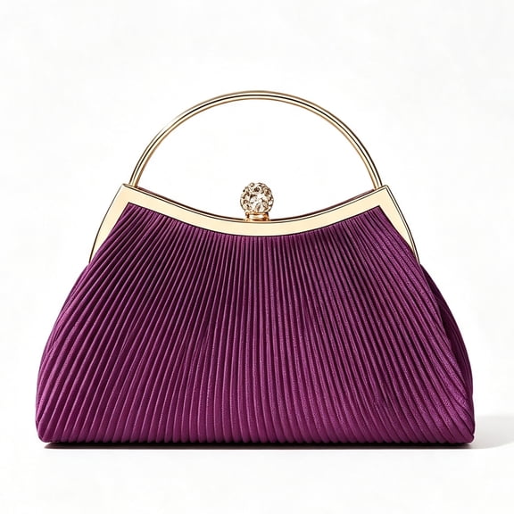 REMANLAND Women's Pleated Evening Clutch Handbag with Metal Top Handle, Purple
