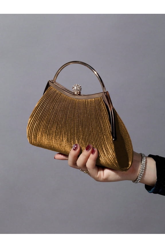 Women’s Pleated Evening Clutch Bag, Gold Metallic Handbag with Rhinestone Top Handle, Wedding Party Prom Purse