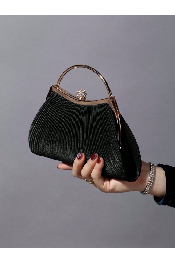 Women's Satin Pleated Clutch Evening with Detachable Chain Strap, Black