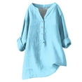 thumbnail image 1 of Ladies Plus Size Cotton Linen Blouses for Women Summer Solid Dandelion Print Loose Casual 3/4 Roll Sleeve V Neck Button Up Tees Shirts, 1 of 4