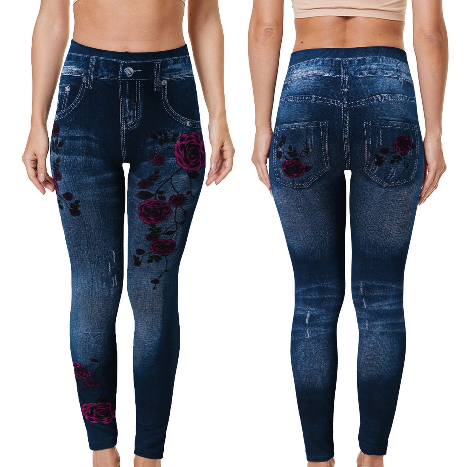 Ladies Plus Size Denim Print Stretch Skinny Leggings Yoga Pants plus