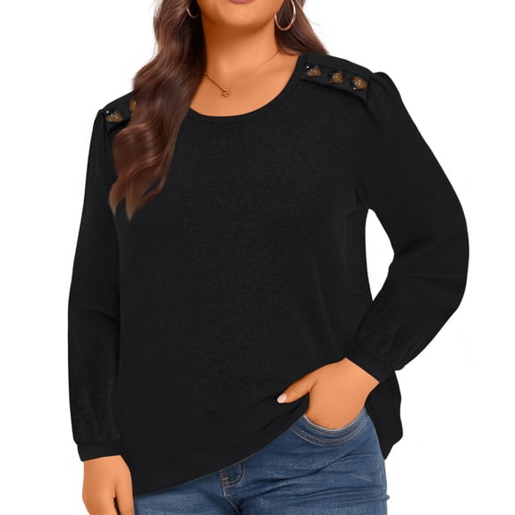 Ladies' Plus Size Elegant Long-Sleeve Top - Black Solid Color, Button Details, 5XL Plus Size, Soft Fabric, Size XXXXXL